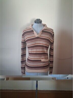 Vintage 1970s Striped Sweater, Collegeman V Neck Collared Top Knit Hippy Mcm